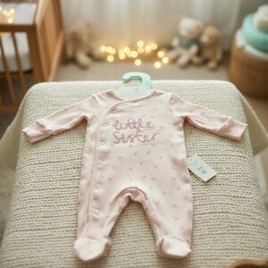 Primark baby Girl pink "little Sister" embroidered cotton sleepsuit 0-3 Mo